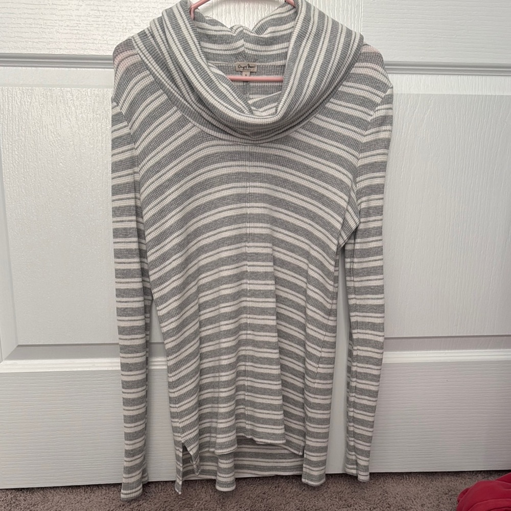 Gray Striped Cowl Neck Sweater
